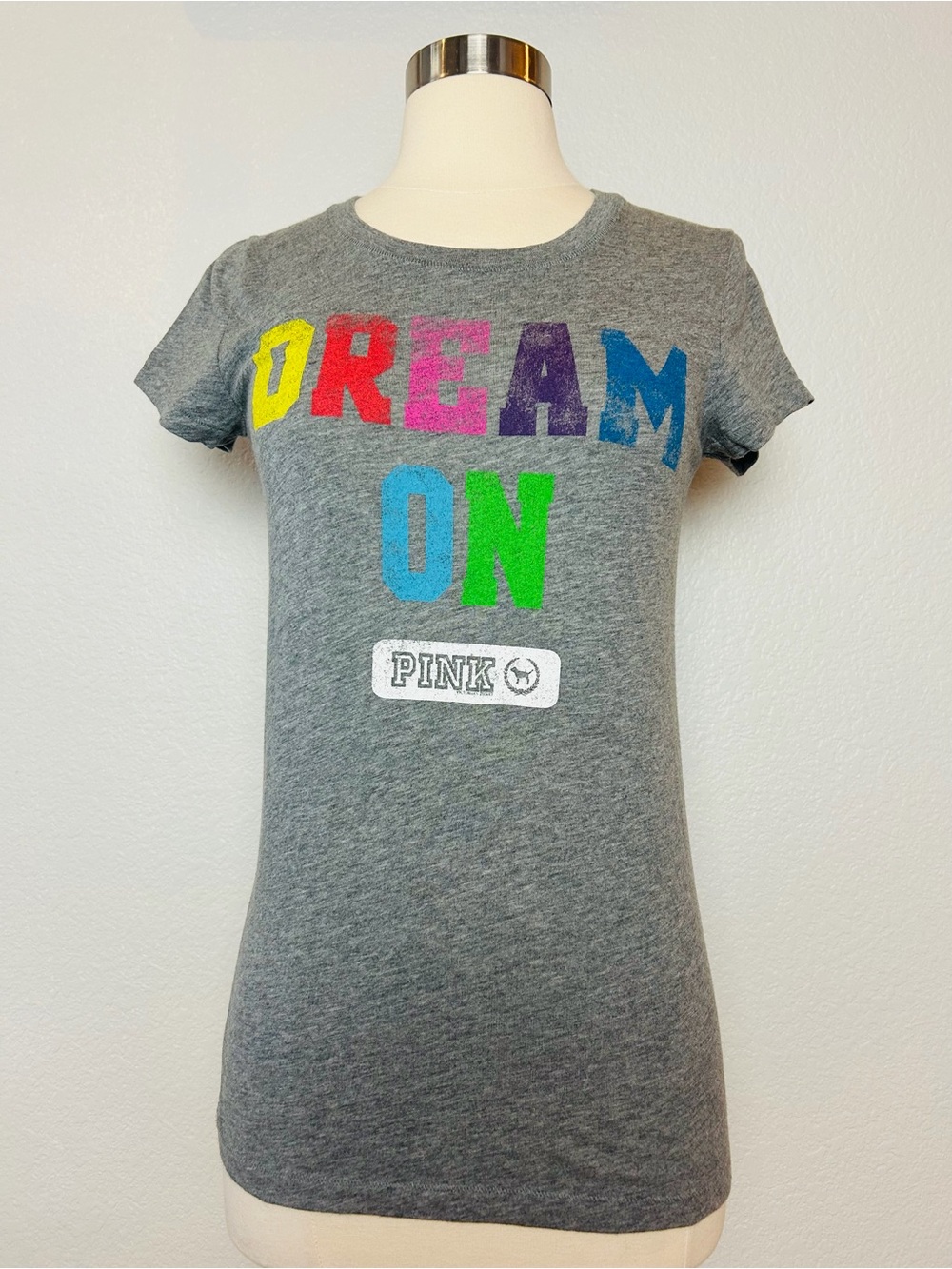 Pink Victoria's Secret T-Shirt Womens S-P Heather Gray Dream On Logo Stretch NWT